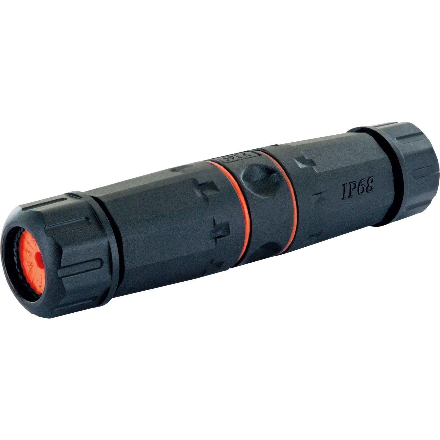 Schwarzer Schwaiger Netzwerkverbinder CAT 6A Outdoor, wasserdicht (IP68) für Kabelverbindungen im Außenbereich.