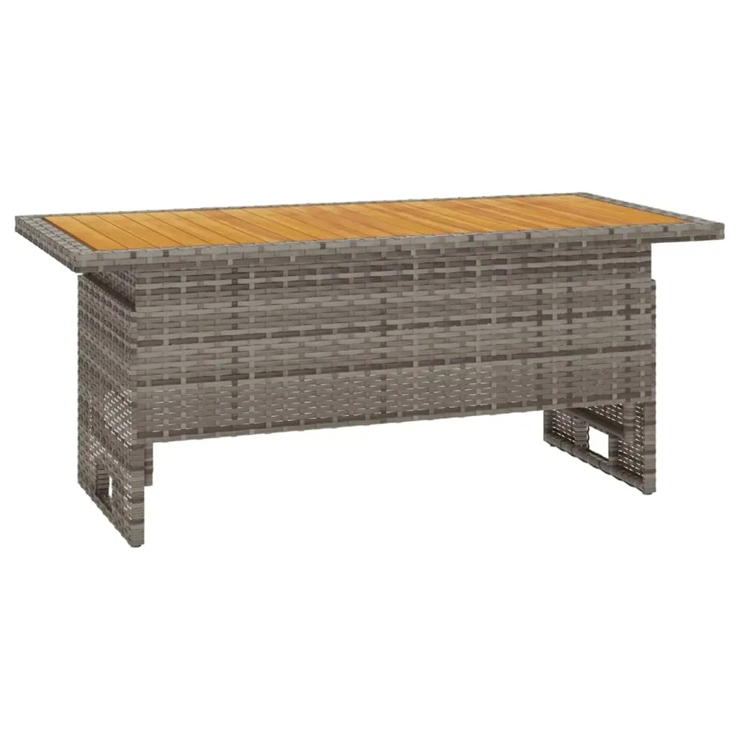 Grauer vidaXL Gartentisch aus Rattan mit Akazienholzplatte, Teil des 3-tlg. Lounge Sets.