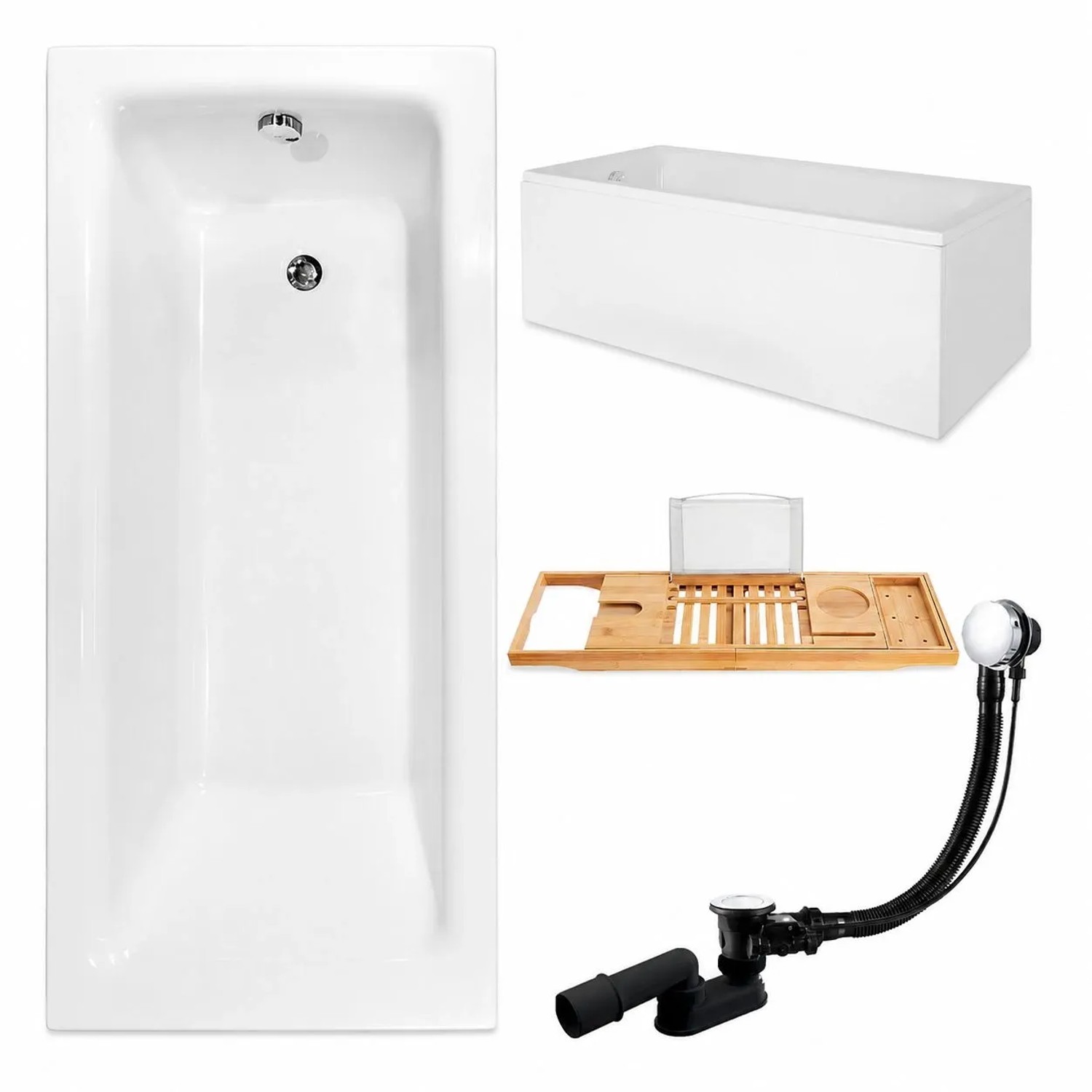 KOLMAN Badewanne Rechteck 120 x 70 Cm Mit Acrylschürze Mit Bambus Badewannenablage Mit Kopfstütze KODI Inkl. Ablauf Und Füße