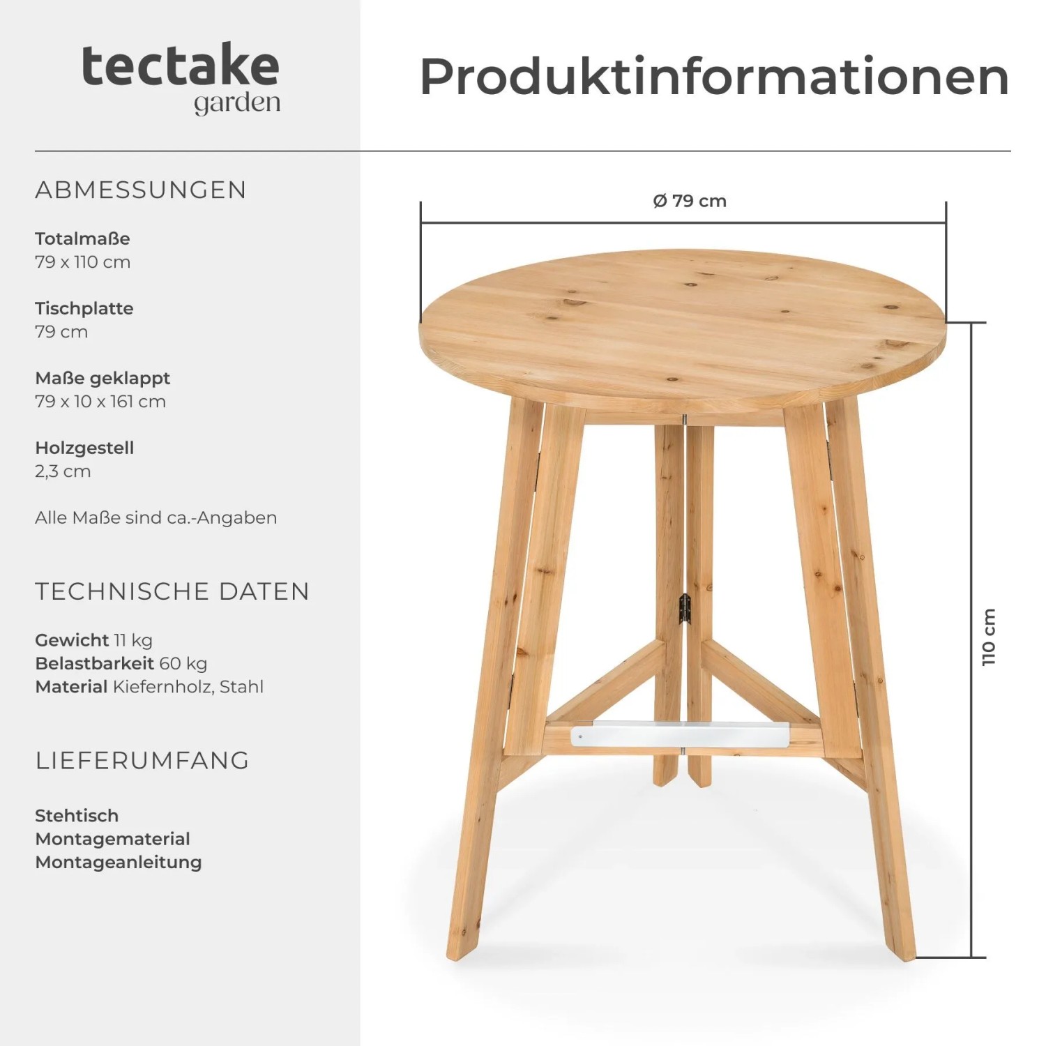 Runder, klappbarer Tectake Stehtisch Trix aus hellem Nadelholz, 79x110 cm, ideal für Partys.