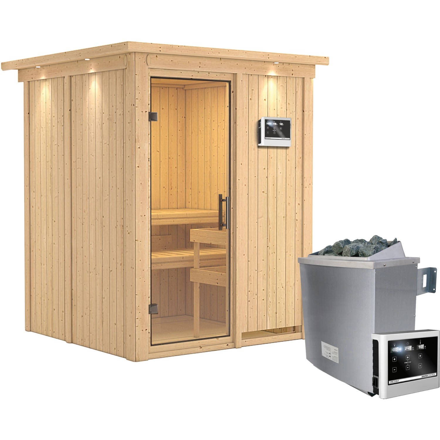 Karibu Sauna Norna, Ofen, externe Steuerung Easy, Glastür, LED-Dachkranz
