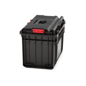 Schwarzer PROREGAL QBRICK Werkzeugkasten One mit rotem Verschluss, 52 Liter Volumen.