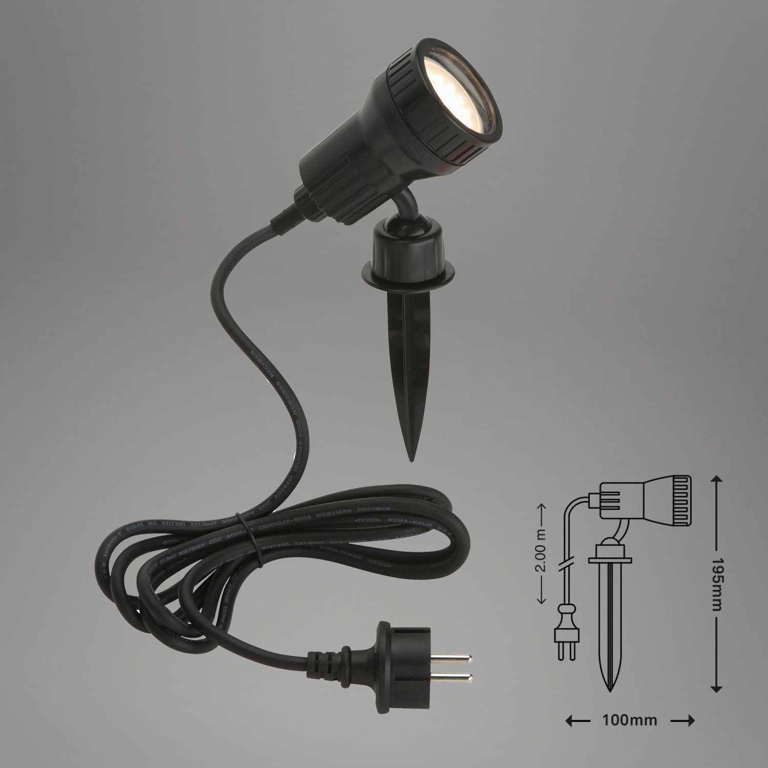 Schwarzer Briloner LED-Gartenstrahler Terra mit Erdspieß, Kabel und Stecker.