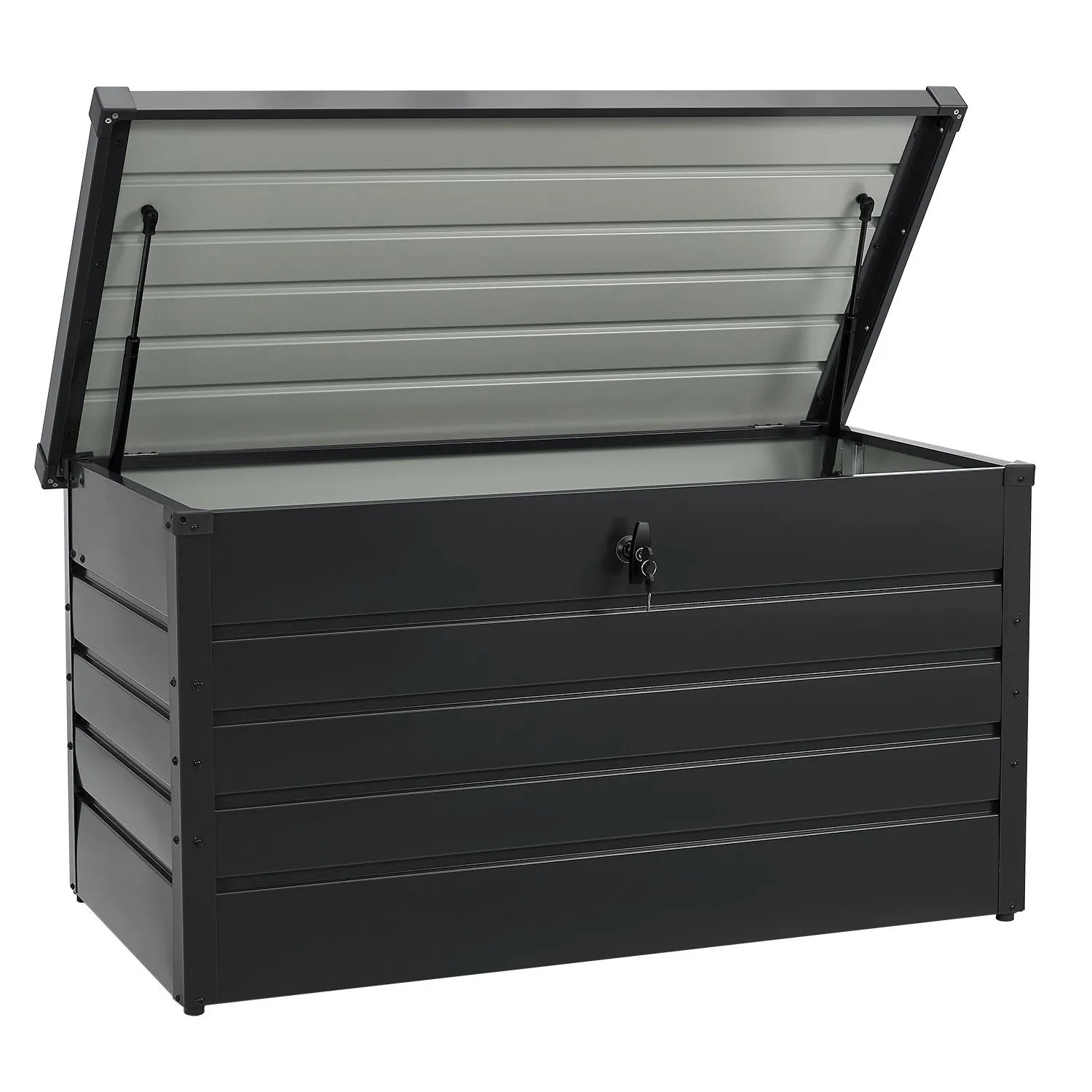 Geöffnete Juskys Metall Aufbewahrungsbox Limani in Anthrazit für Garten, Balkon und Terrasse.