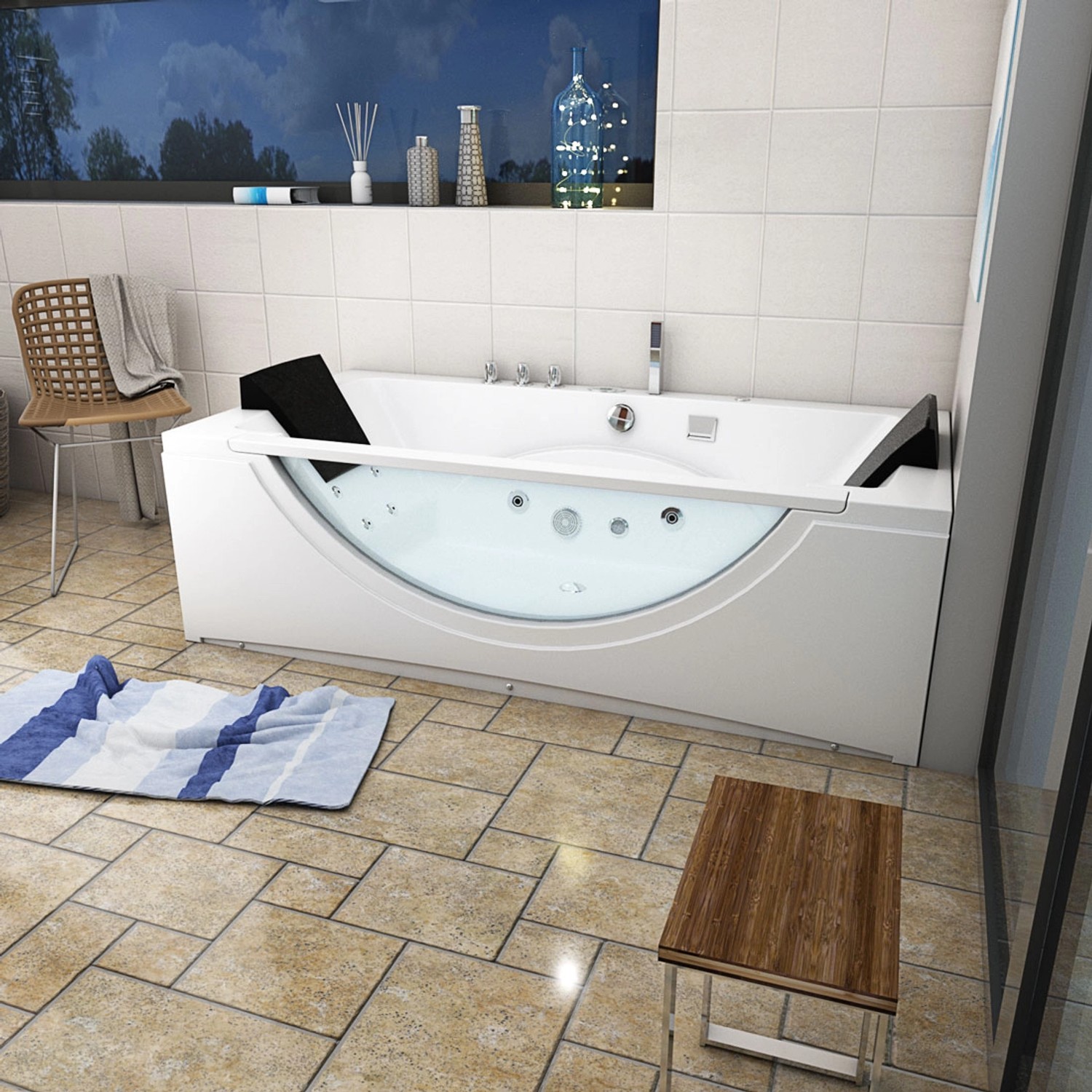 AcquaVapore Eck-Whirlpool W81R-TH-C-SC 180x90 mit Radio und Farblicht im Badezimmer.