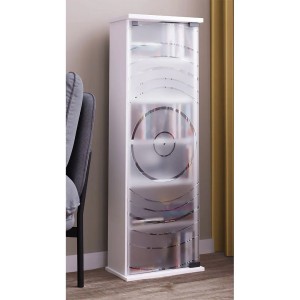 Weißer Vitrinenschrank TilanoM mit CD/DVD-Regalen und einer Tür. Modernes Design mit Ablagen.