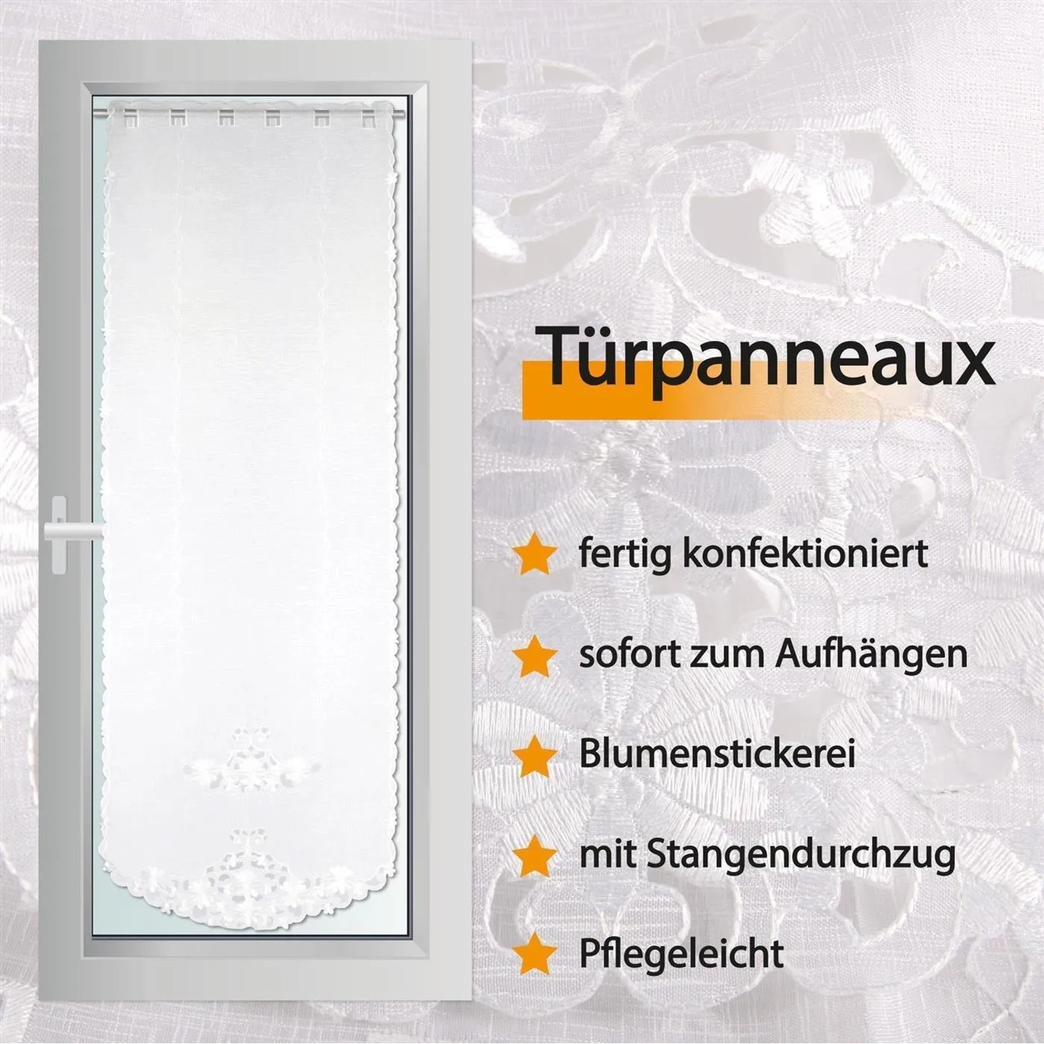 Bestlivings Türpanneau 180x60 cm, weiß mit Blumenstickerei, am Fenster.