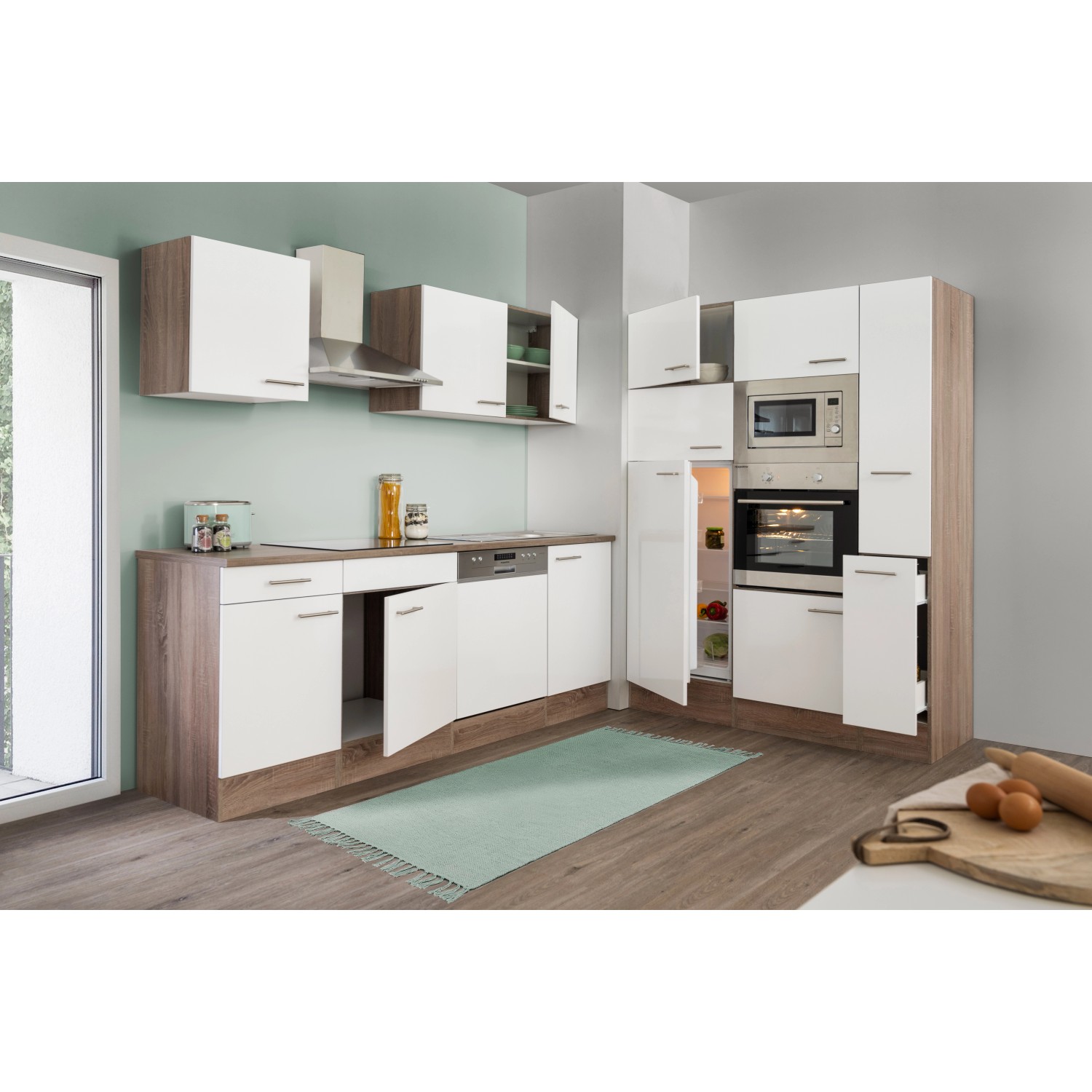 Respekta Küchenzeile KB370EYWMIGKE, 370 cm, Weiß Seidenglanz/Eiche York Nachbildung, mit E-Geräten.