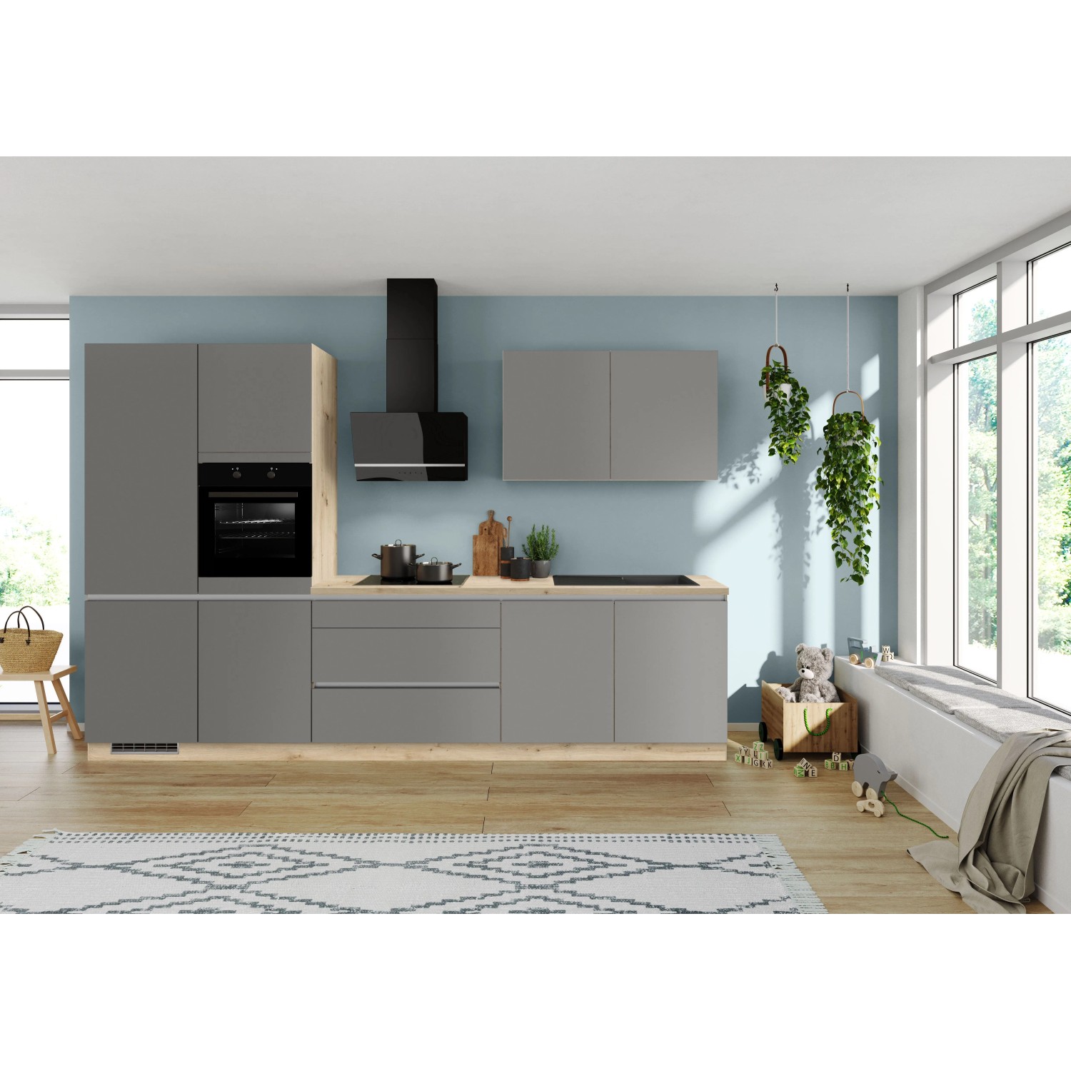 Impuls Küchen Küchenzeile IKC13405R 340 cm Schiefergrau mit E-Geräten