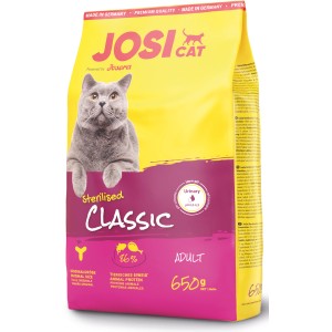 Josera Katzen-Trockenfutter Sterilised Classic, 650g Packung mit Katze auf gelb-pinkem Hintergrund.