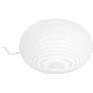 Weiße Philips Hue Flourish Tischleuchte mit feinen horizontalen Linien und warmweißem Licht.