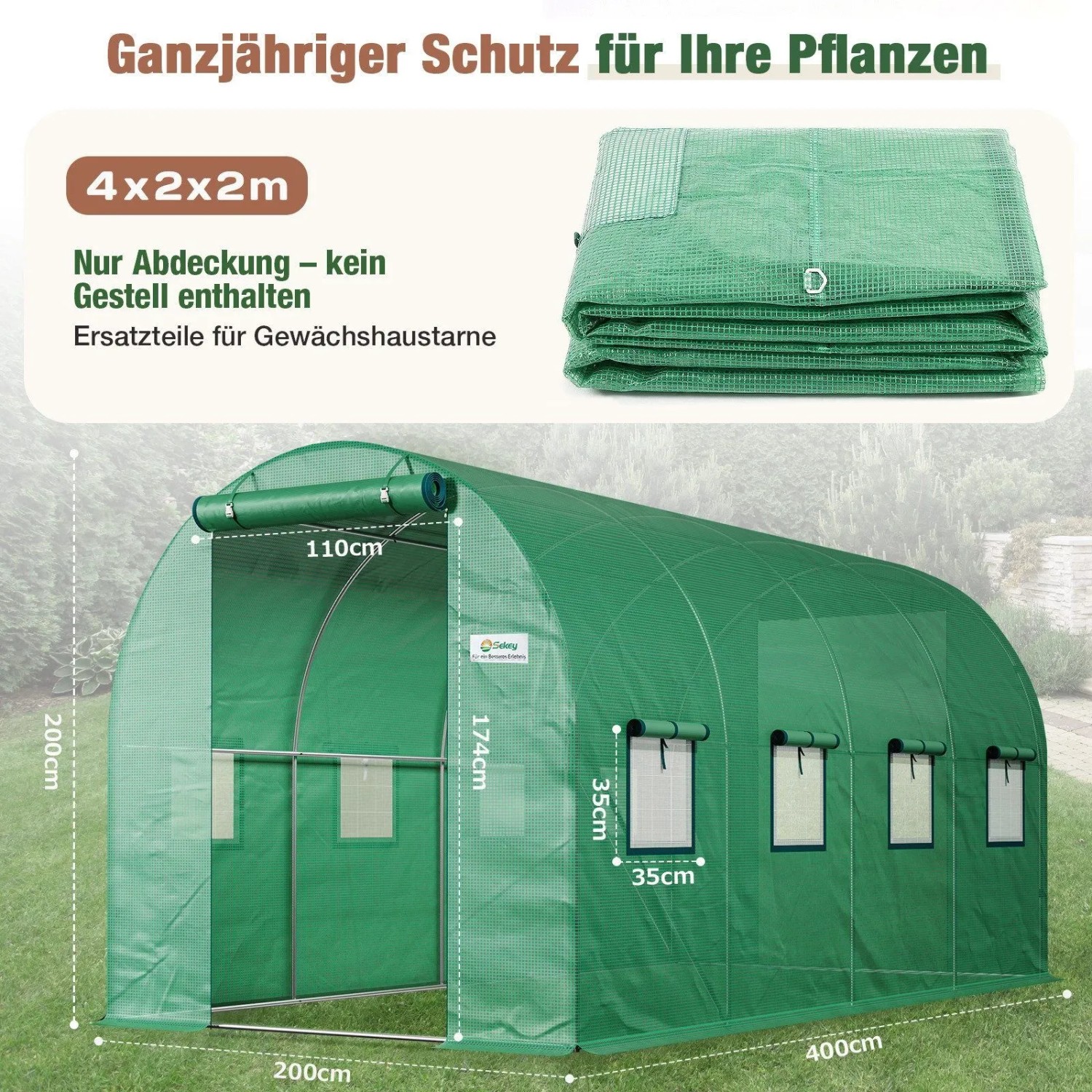 Grüne PE-Gitterfolie 4x2x2m für Folientunnel Gewächshaus, Ersatzabdeckung mit Tür, 8 Fenstern, ohne Gestell.