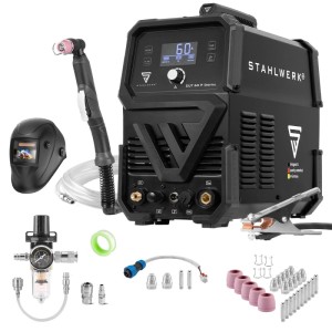 STAHLWERK Plasmaschneider CUT 60 Pilot IGBT mit Zubehör, Schweißgerät mit Plasmaschneidbrenner und Schweißhelm.