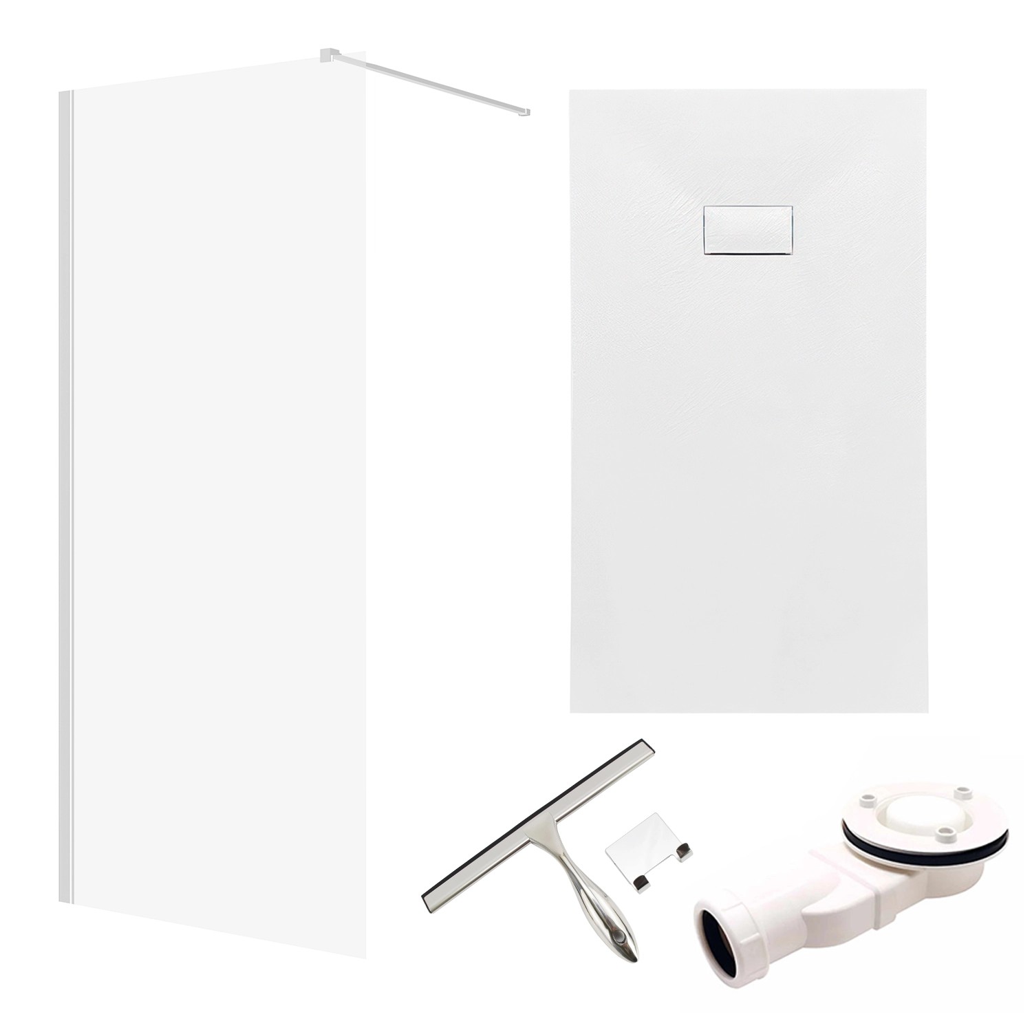 Bad Land SET Duschwanne VIDAR 80x120 Rechteck Weiß + Walk-In Dusche KETIL Chrom 100x195 Transparentes Glas + Glaswischer