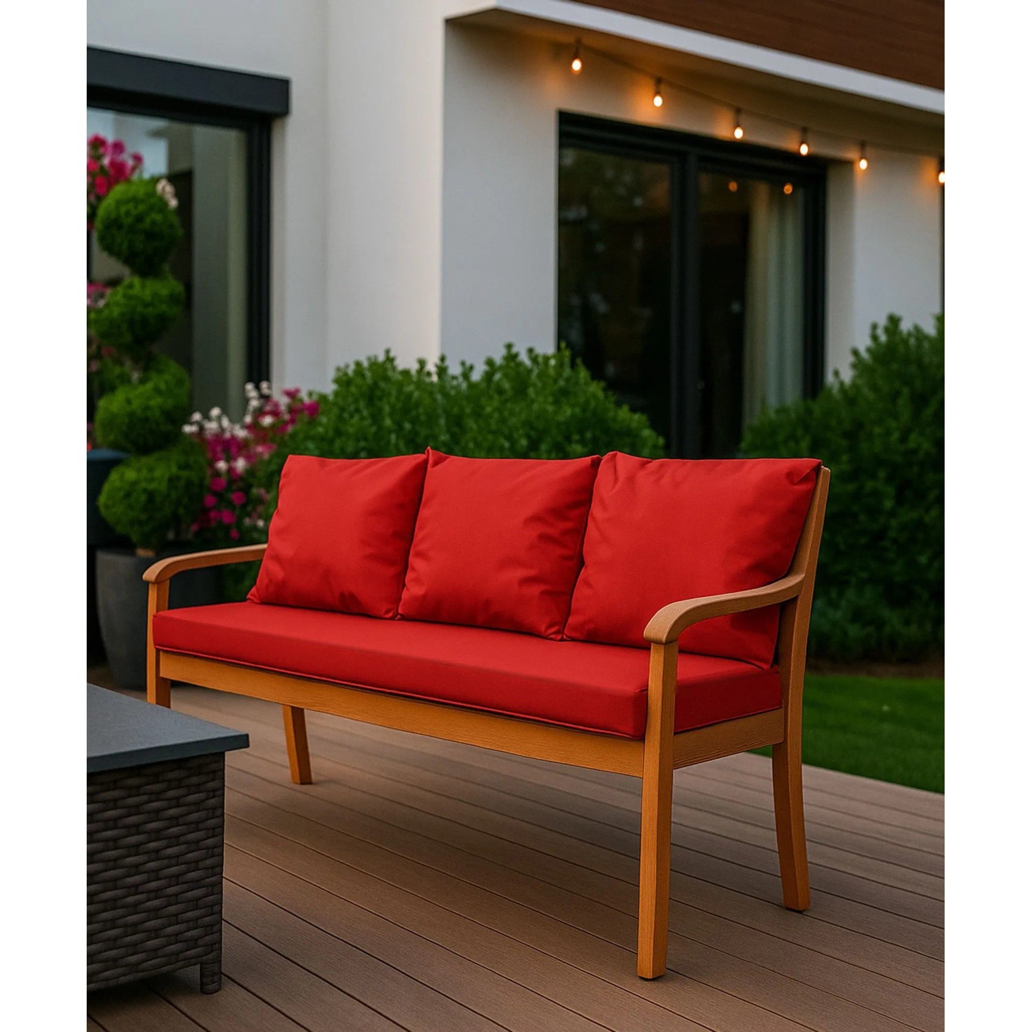 Rotes Setgarden Bankkissen für 2-Sitzer Gartenbank, 100x60 cm + 2 Rückenkissen 50x56 cm.