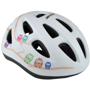 Weißer Fischer Fahrradhelm Kinder Eule, Größe S/M, mit bunten Eulen auf einem Ast.
