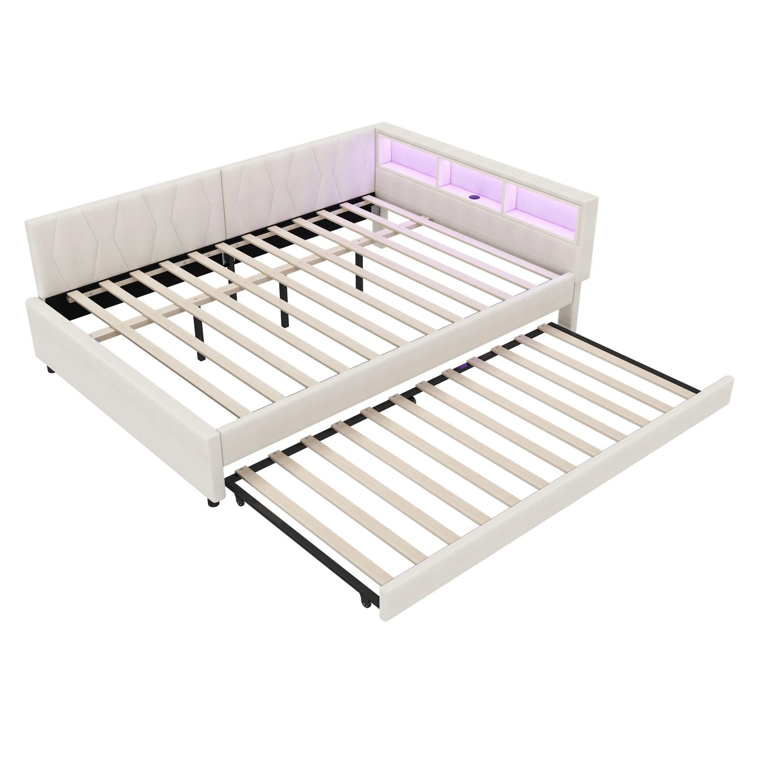 Merax Tagesbett 140x200 cm Mit Ablagefach USB Typ C LED Ausziehbett Leinen Beige
