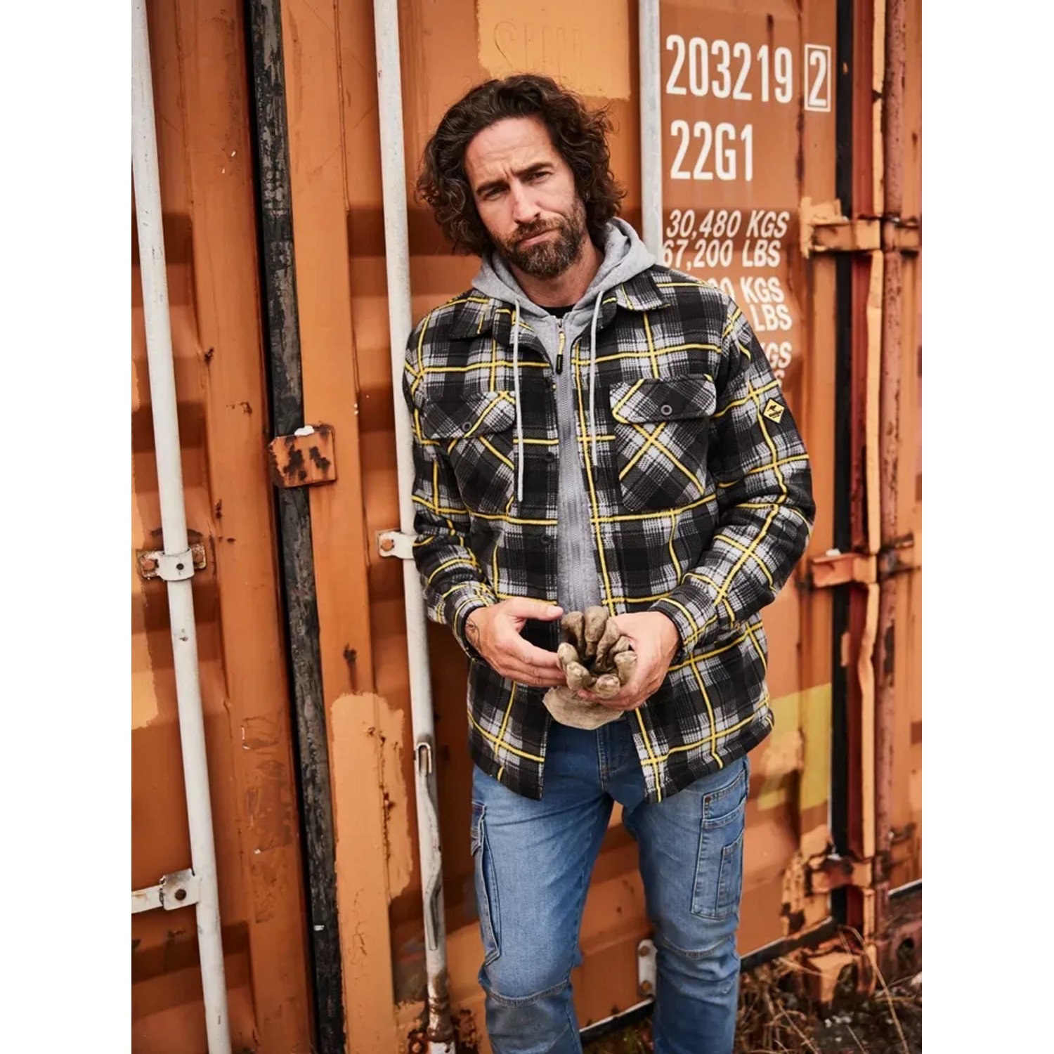 Roadsign Thermohemd mit Kapuze in Anthrazit/Gelb, Größe L. Arbeitskleidung mit Fütterung und Sweatshirteinsatz.