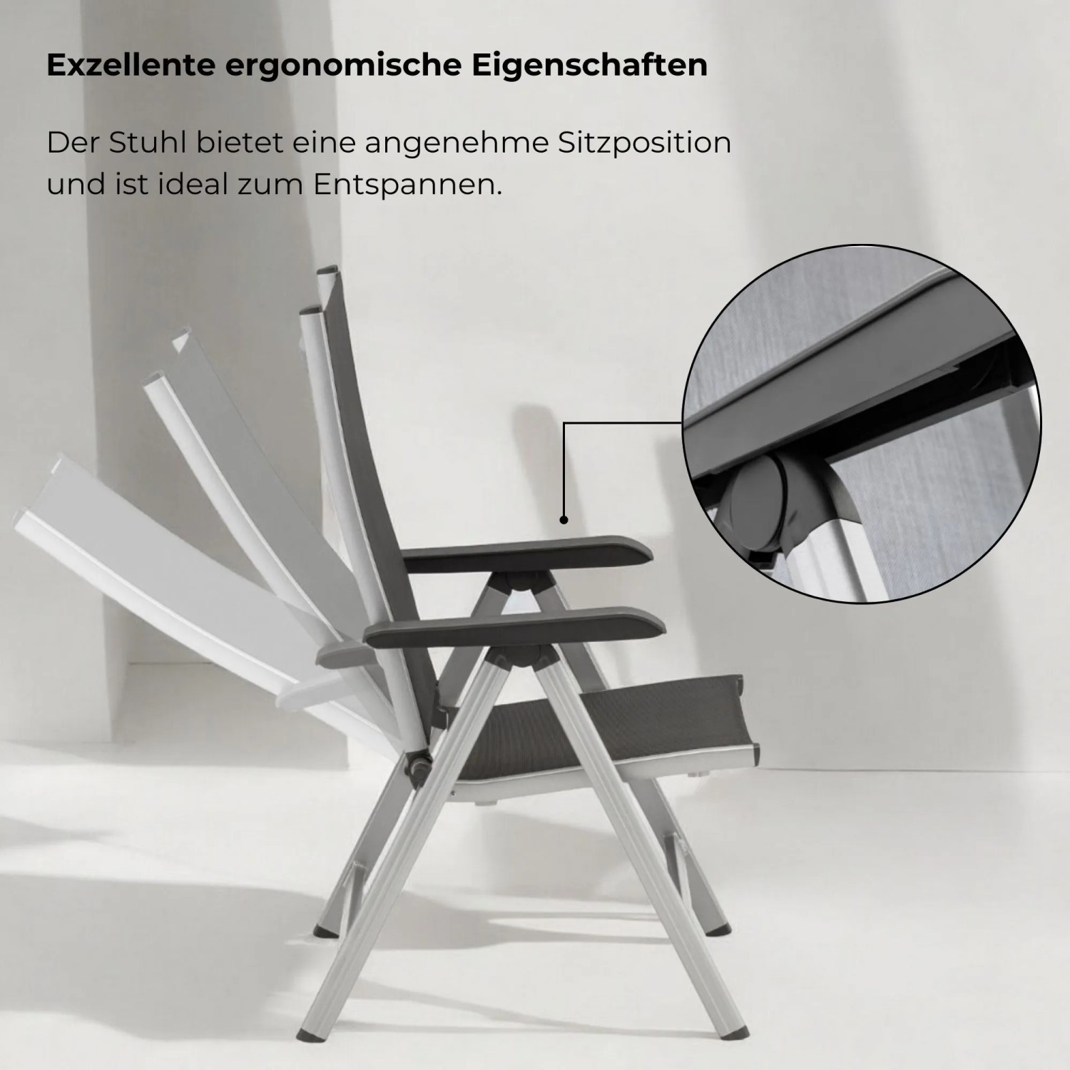 Kettler Basic Plus Klappsessel, silber, anthrazit. Verstellbare Rückenlehne für ergonomischen Sitzkomfort.