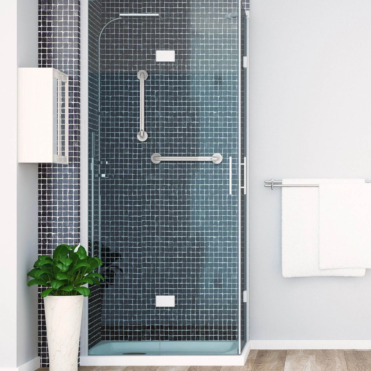 2er Set Relaxdays Haltegriffe aus Edelstahl, silberfarben, in Dusche montiert.
