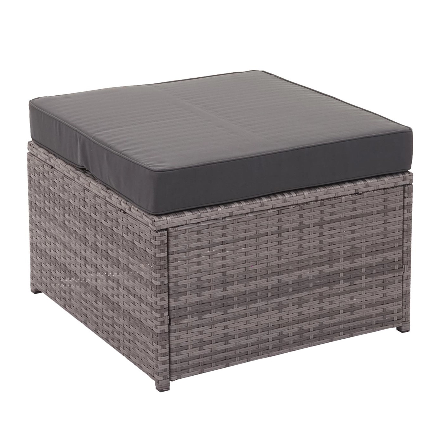 Grauer Poly-Rattan Hocker mit dunkelgrauem Kissen, Teil der 4-teiligen Lounge-Garnitur J34 von MCW.