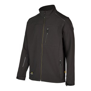 Schwarze Hans Schäfer Softshelljacke Gr. M für Arbeitskleidung mit Reißverschlüssen und Taschen.