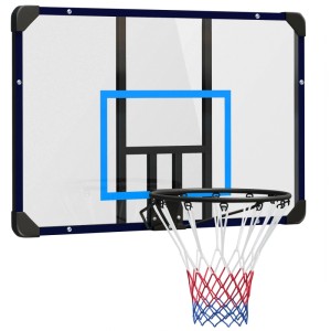 SPORTNOW Basketballkorb mit transparenter Rückwand, schwarzem Stahlrahmen und blau-weiß-rotem Netz zur Wandmontage.