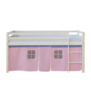 Homestyle4u Hochbett 90x200 Weiß Vorhang Rosa 1535