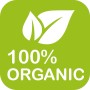 Symbol: 100% Organic mit Blättern auf grünem Grund.