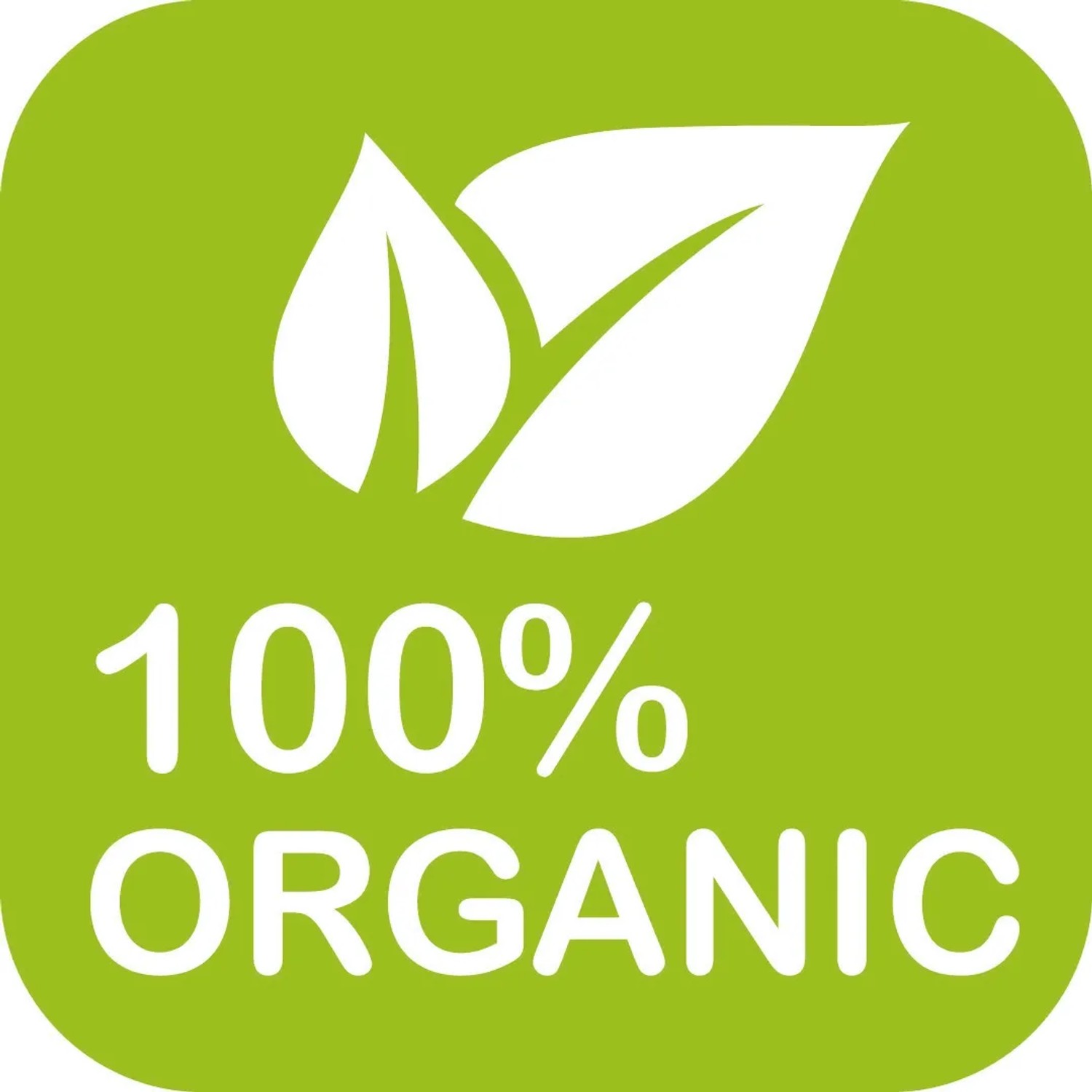 Symbol: 100% Organic mit Blättern auf grünem Grund.