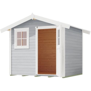 Graues Gartenhaus 123 mit Satteldach, Holzwand, Fenster und offener Tür.