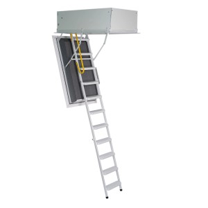Minka Dachbodentreppe Arctic Fire (120x60 cm) mit weißem Unterdeckel und Stahl-Handlauf.