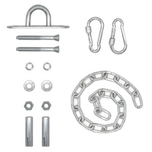 Set für Hängesessel-Aufhängung: verzinkter Deckenhaken, Kette, zwei Karabiner und Befestigung bis 230 kg.