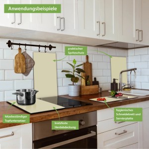 Beige Herdabdeckplatten 2er-Set (30x52cm) aus Glas als Schneidebrett und Spritzschutz in Küche.
