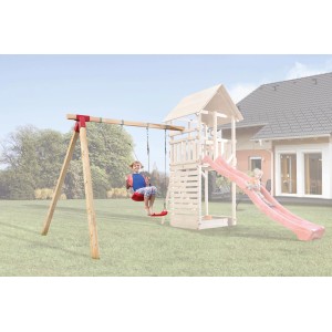 Tabaluga Anbauschaukel mit 2 Schaukeln am Spielturm im Garten.