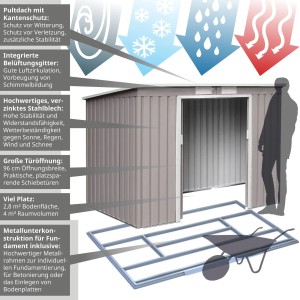 Helles, graues Metall Gerätehaus Hattoro P100 mit Pultdach und Bodenrahmen. Ideal zur Garten Geräte Aufbewahrung.