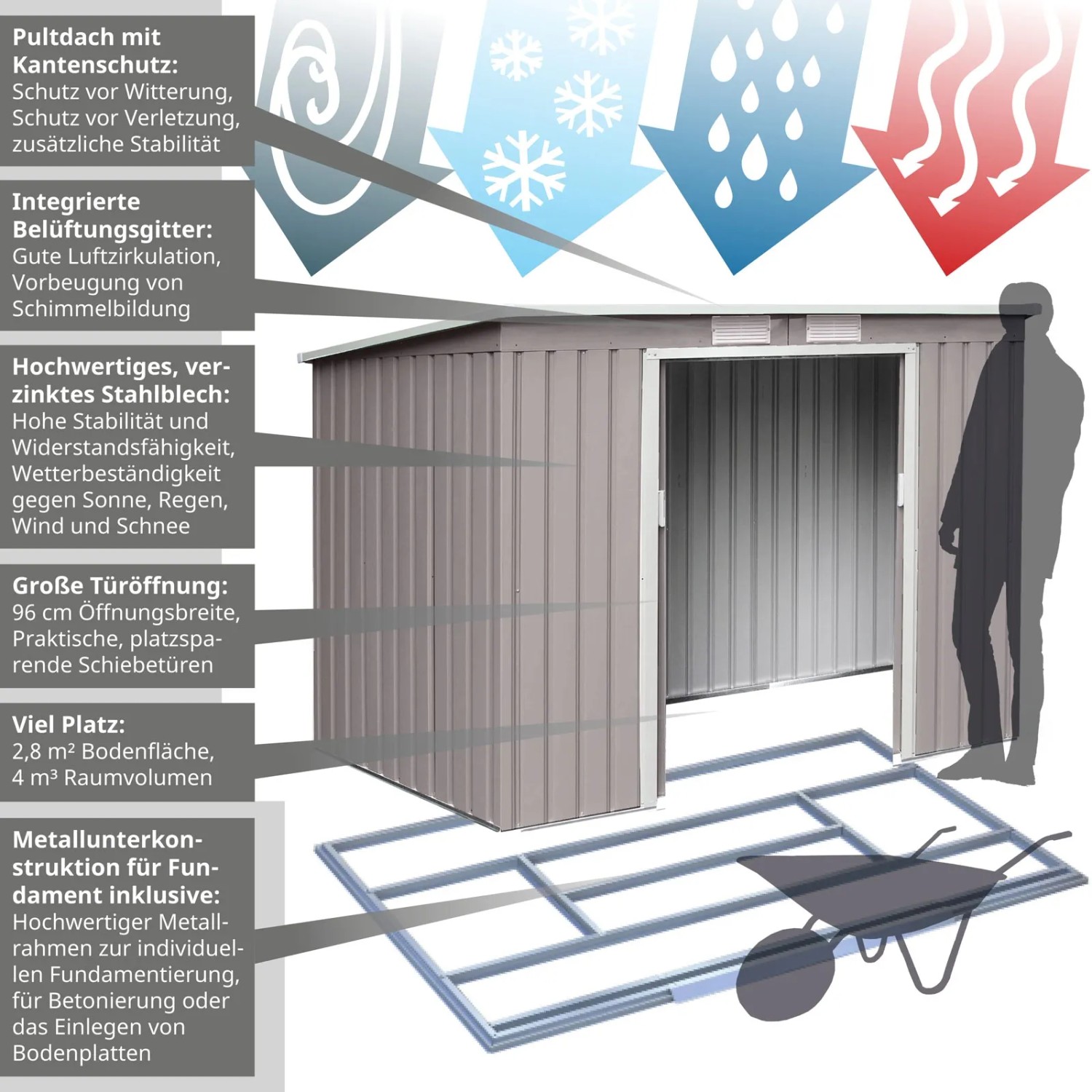 Helles, graues Metall Gerätehaus Hattoro P100 mit Pultdach und Bodenrahmen. Ideal zur Garten Geräte Aufbewahrung.