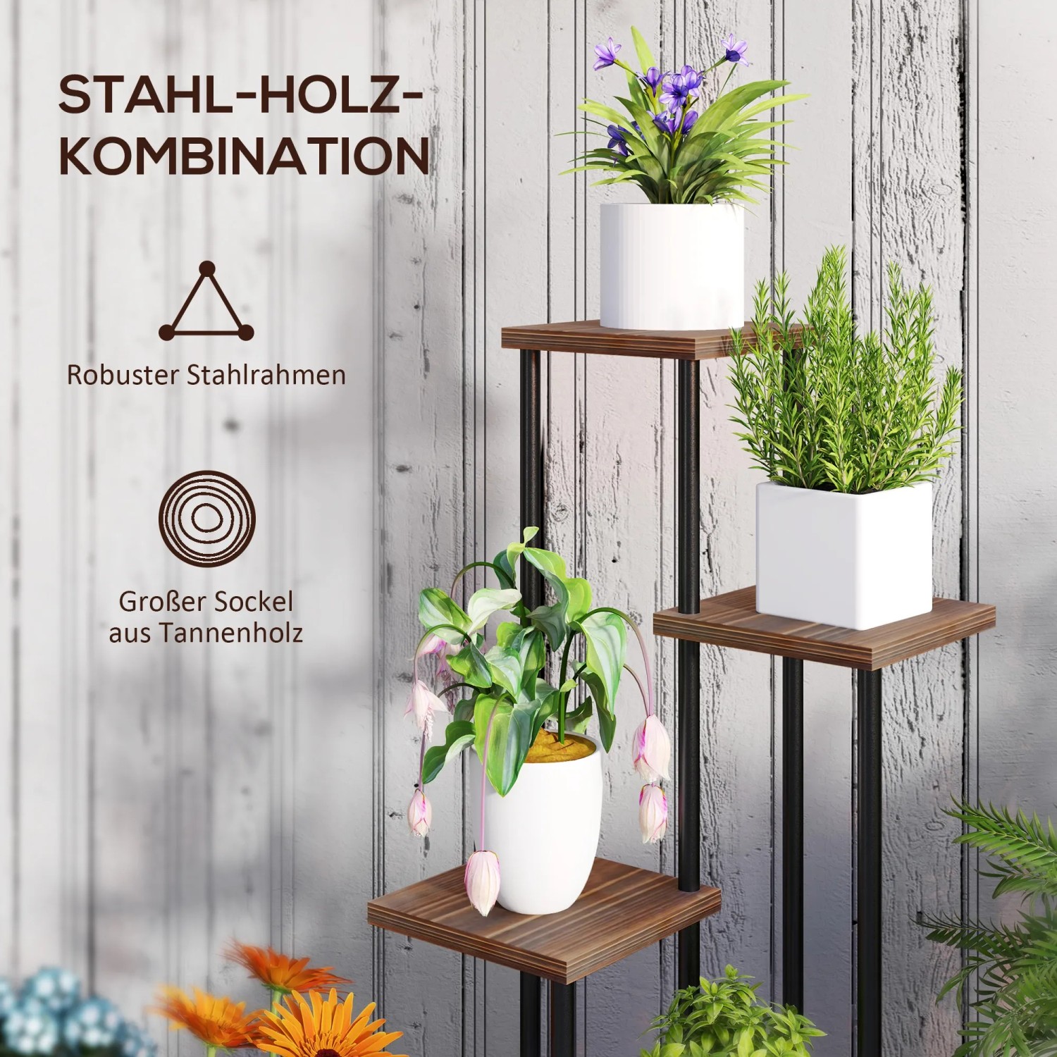 Outsunny Blumenständer aus Stahl und Holz, verkohlt, mit 5 Ebenen für Pflanzen und Deko.