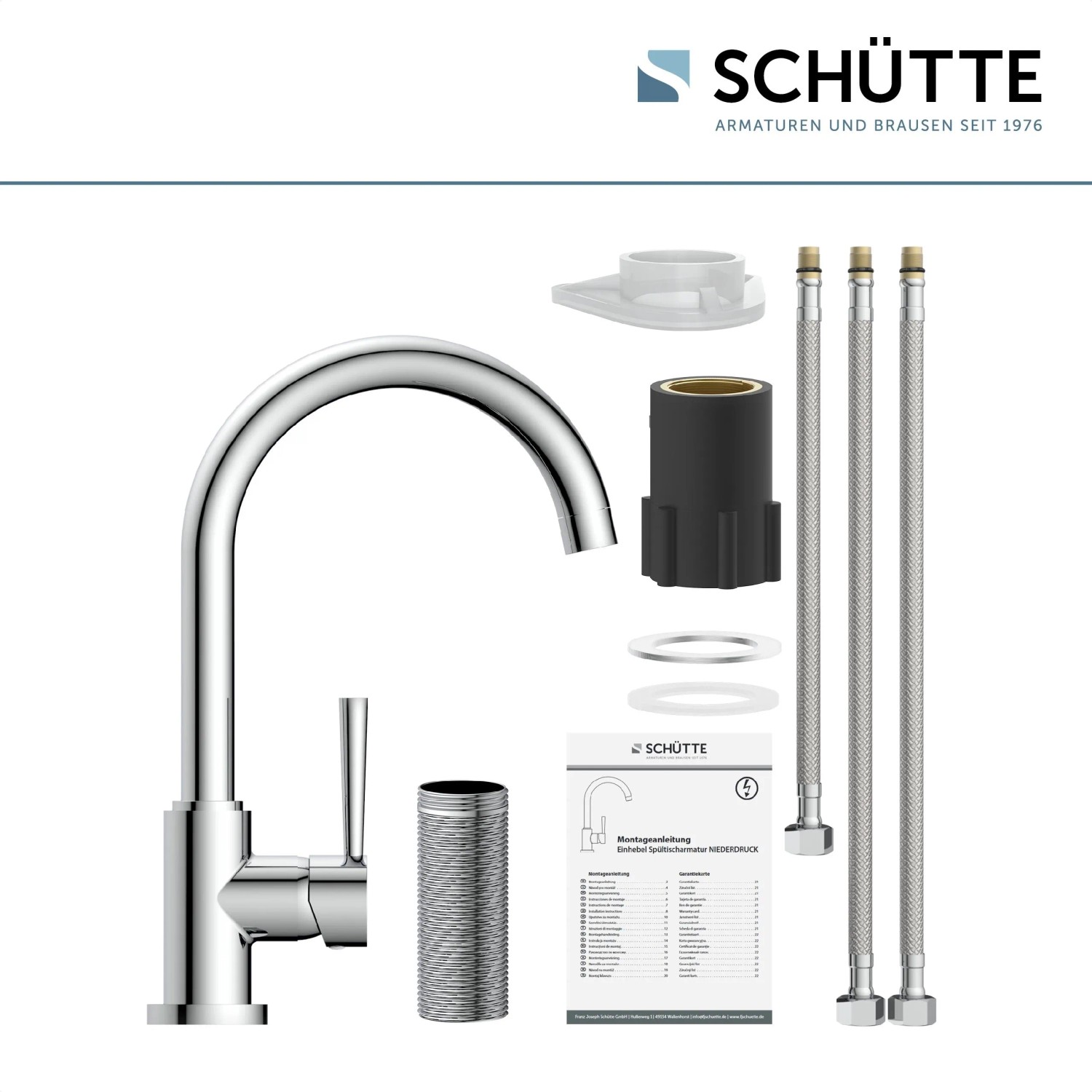Schütte Niederdruck Spültischarmatur Cornwall Chrom mit Zubehör für die Küchenspüle.