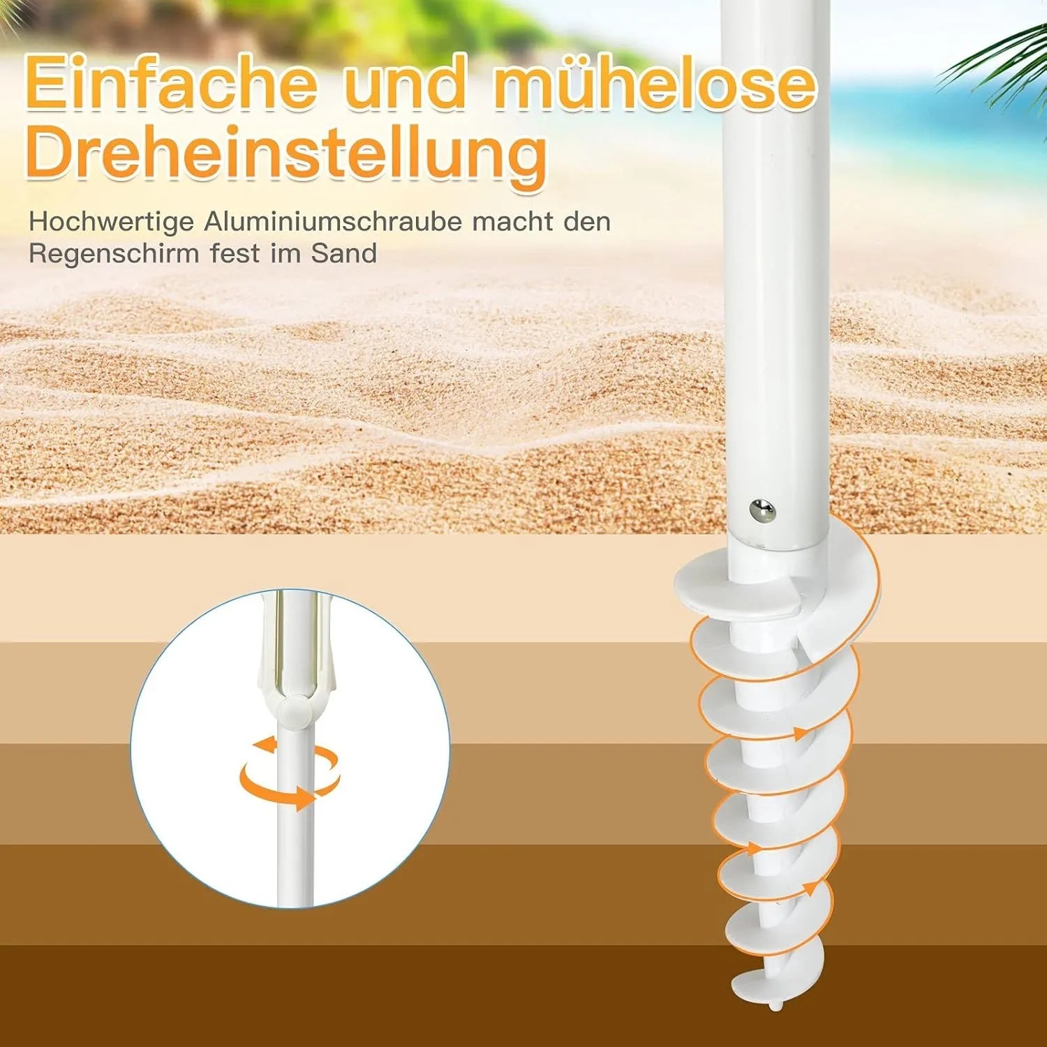 Detailaufnahme des COSTWAY Sonnenschirms mit Schraubfuß für einfachen Aufbau im Sand.