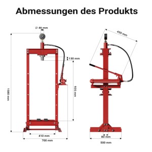 Rote Wiltec 12T Hydraulikpresse mit Manometer. Ansichten zeigen Maße der robusten Stahlkonstruktion für Presswerkzeuge.