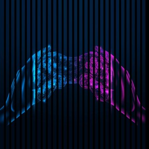 Abstrakte Akustikplatte mit blauem und pinkem Hand-Design für Schallabsorption.