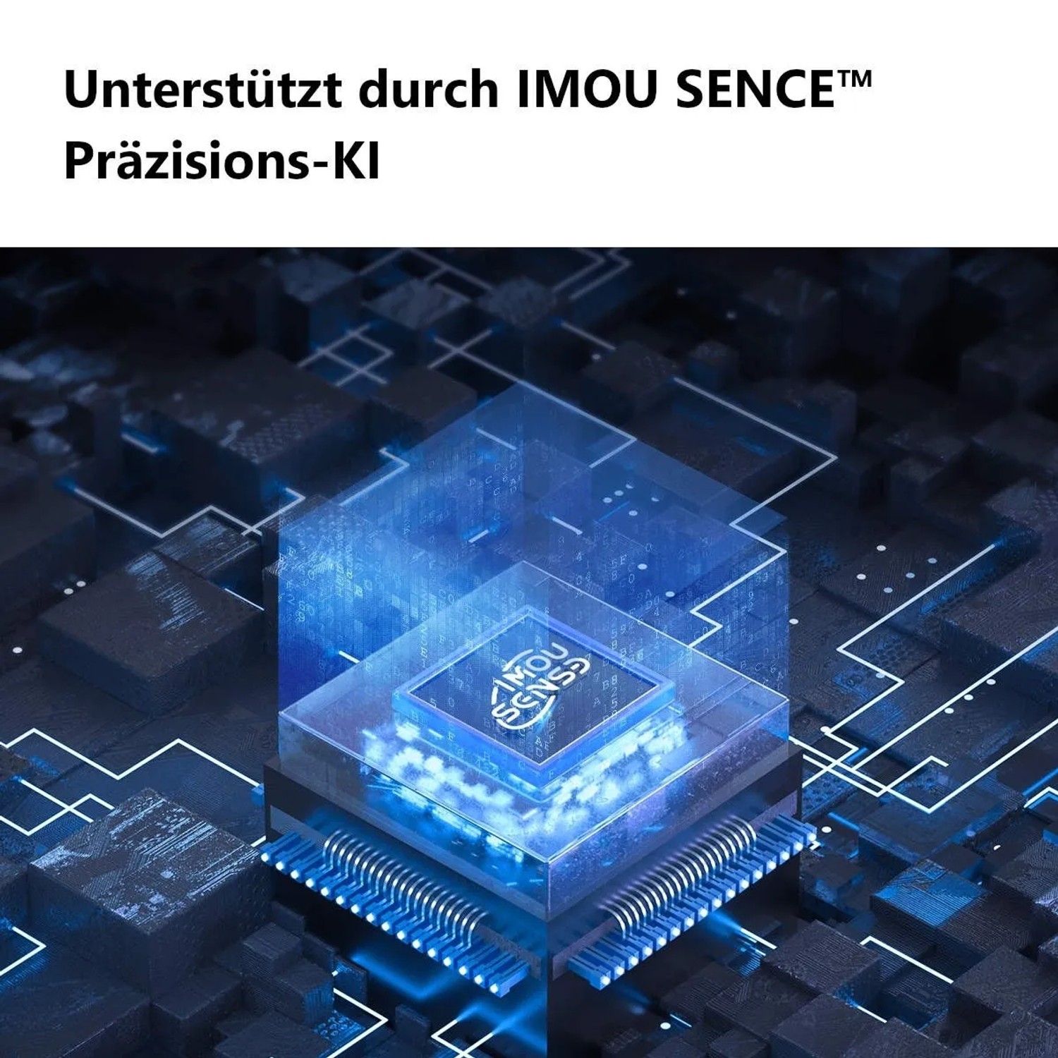 Blauer IMOU SENSE™ KI-Chip mit Schaltkreisen für präzises Tracking der IMOU Überwachungskamera.