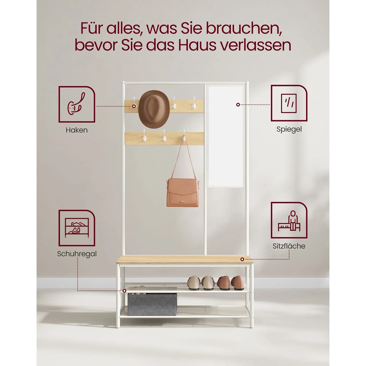 Vasagle Garderobenständer in Eiche-Weiß mit Spiegel, Haken, Sitzbank und Schuhregal.