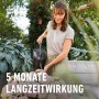 Frau gießt Rhododendren mit Langzeit-Dünger. COMPO Bio Rhododendron Dünger mit Schafwolle.