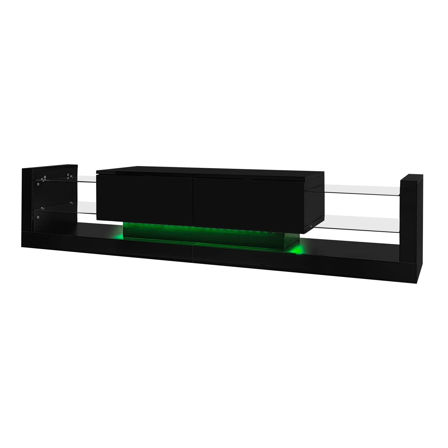 ModernLuxe TV Lowboard Hochglanz mit 2 Klappschubladen Led Beleuchtung Spanplatte Schwarz
