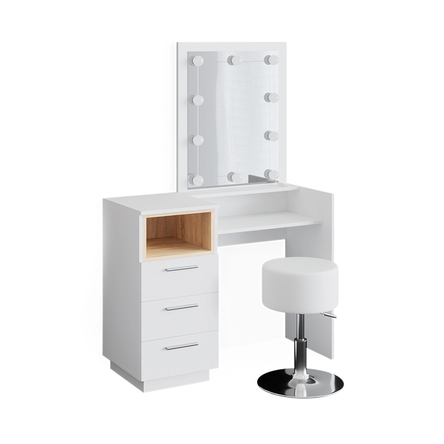 Vicco Schminktisch Beatrice Weiß/Eiche 42 cm mit LED Beleuchtung und Hocker günstig online kaufen