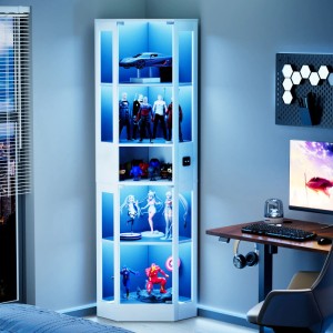 Weiße Eck-Glasvitrine mit blauer LED-Beleuchtung, 5 Fächern und integrierter Ladestation. Modernes Design.