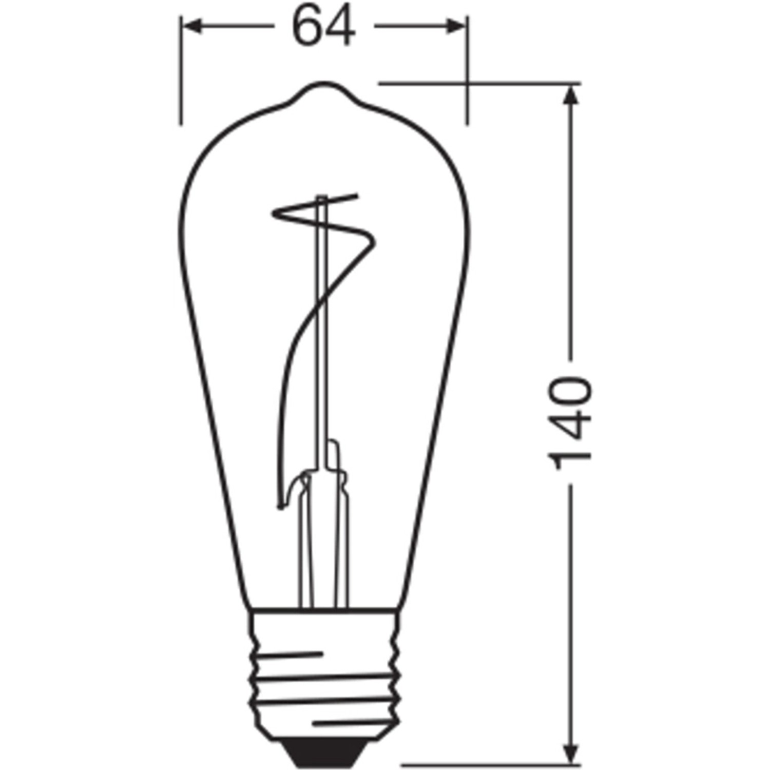 Technische Zeichnung: Osram LED-Leuchtmittel E27 Edisonform, Maße 14 x 6,4 cm (H x Ø).