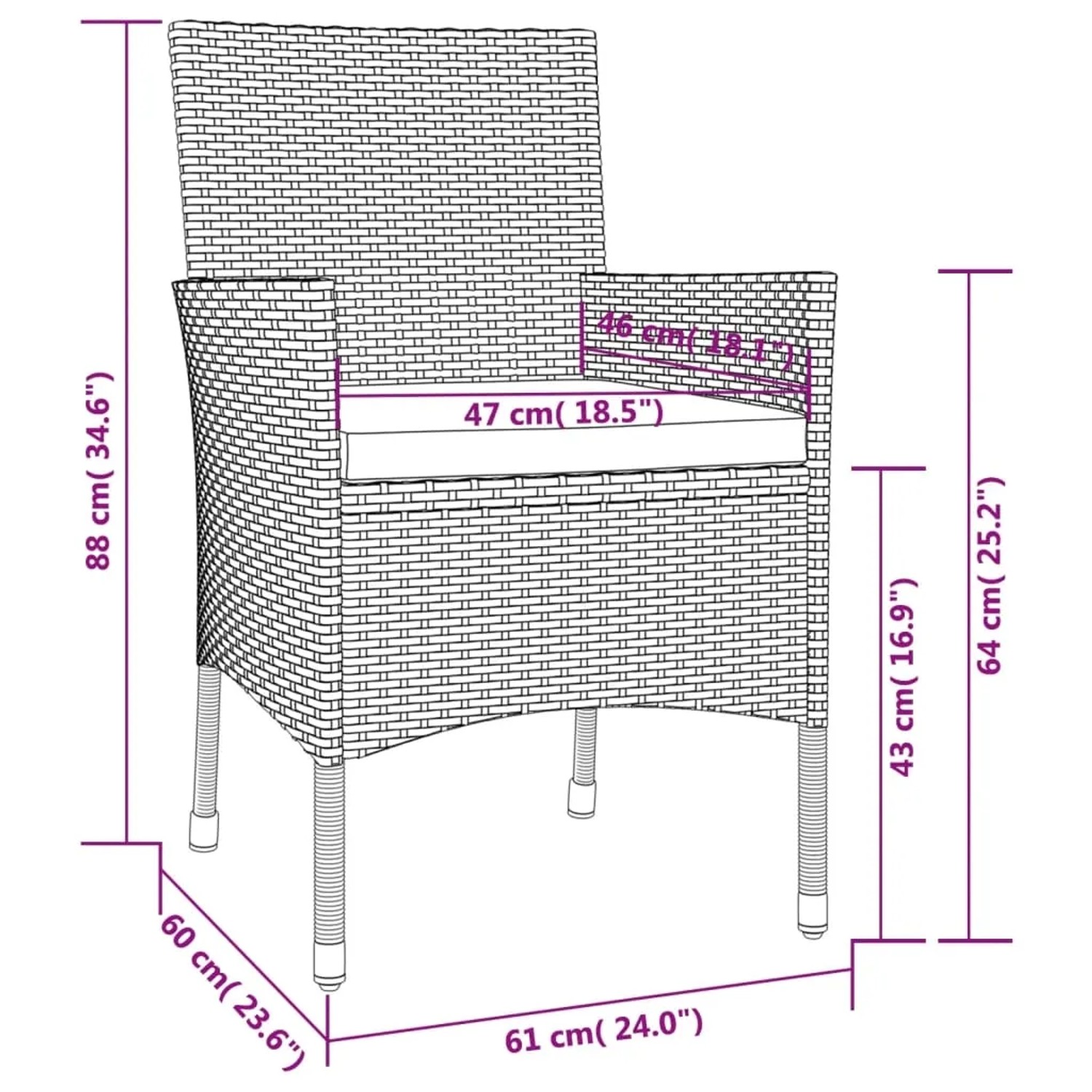 Abmessungen des grauen vidaXL Gartenstuhls aus Rattan mit Kissen, Teil des 5-tlg Bistro-Sets.